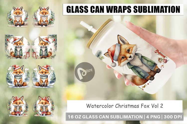 Glass Can Wraps Watercolor Christmas Fox