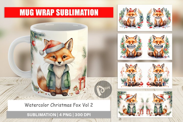Mug Wrap Design Watercolor Christmas Fox