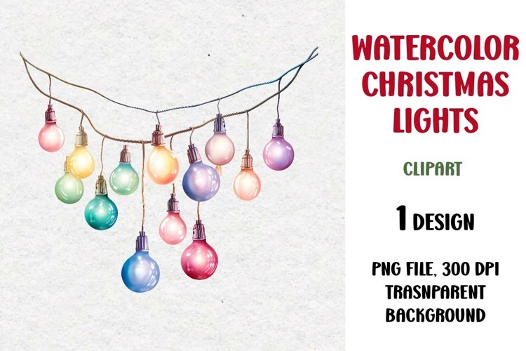 Watercolor Christmas Lights Garland Clipart, PNG example image 1