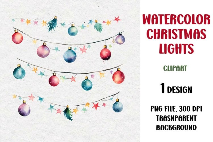 Watercolor Christmas Lights Garland Clipart, PNG example image 1