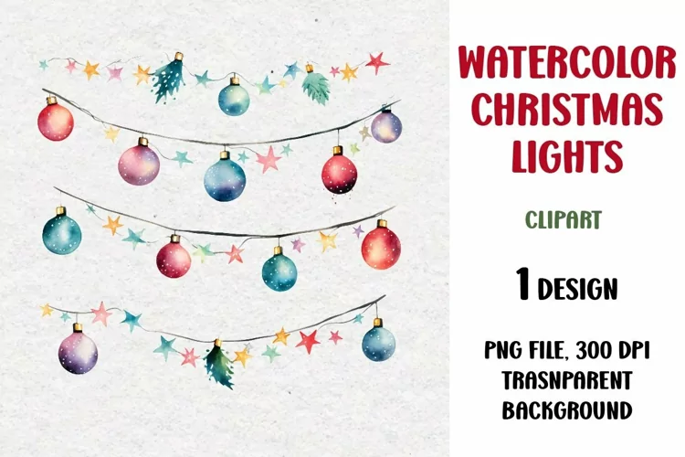 Watercolor Christmas Lights Garland Clipart, PNG