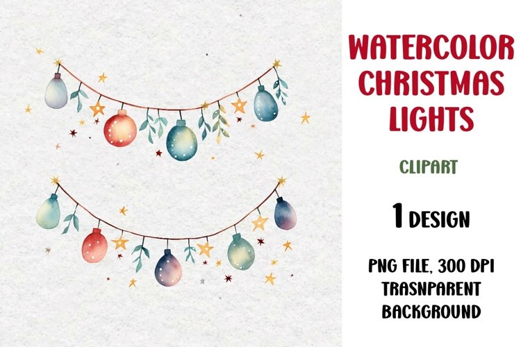 Watercolor Christmas Lights Garland Clipart, PNG example image 1