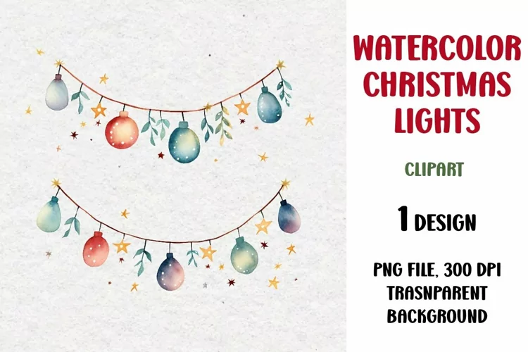 Watercolor Christmas Lights Garland Clipart, PNG