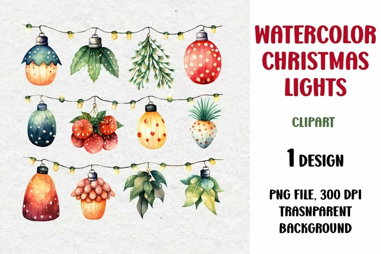 Watercolor Christmas Lights Garland Clipart, PNG