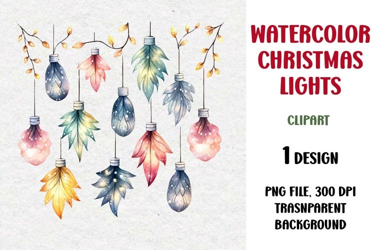 Watercolor Christmas Lights Garland Clipart, PNG example image 1