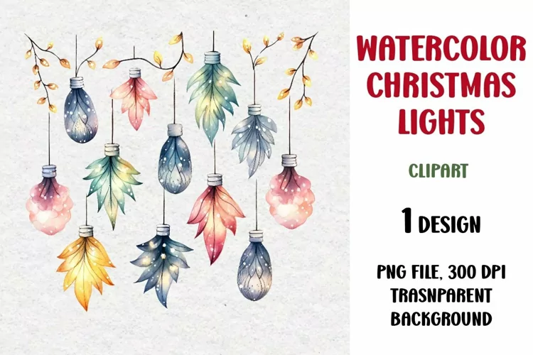 Watercolor Christmas Lights Garland Clipart, PNG