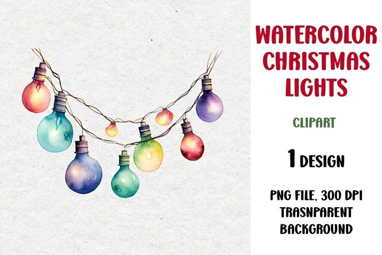 Watercolor Christmas Lights Garland Clipart, PNG example image 1