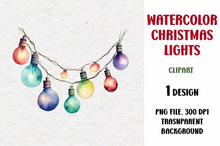 Watercolor Christmas Lights Garland Clipart, PNG