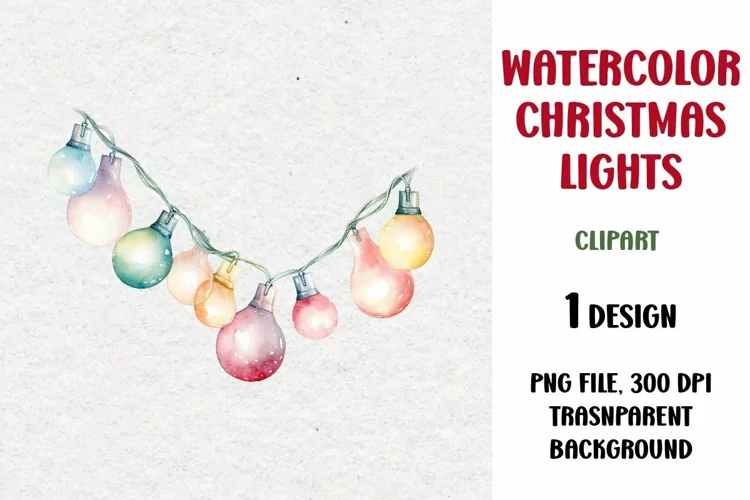 Watercolor Christmas Lights Garland Clipart, PNG