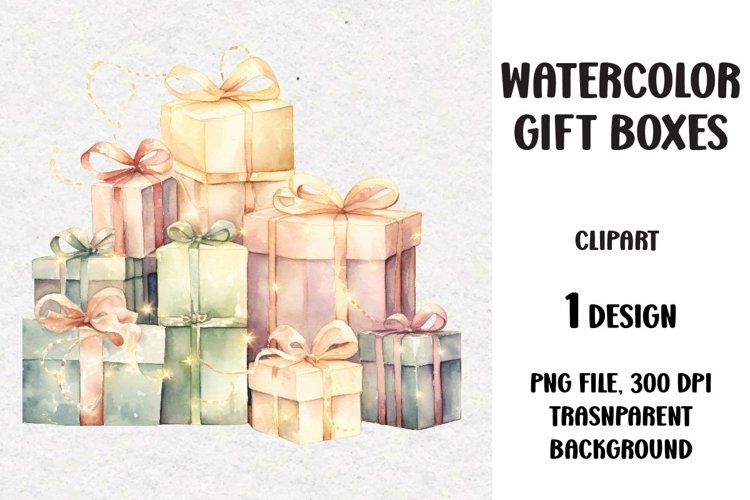 Watercolor Christmas Gifts Clipart, Gifts Boxes, PNG example image 1