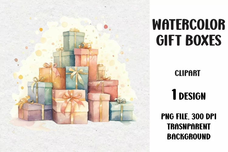 Watercolor Christmas Gifts Clipart, Gifts Boxes, PNG