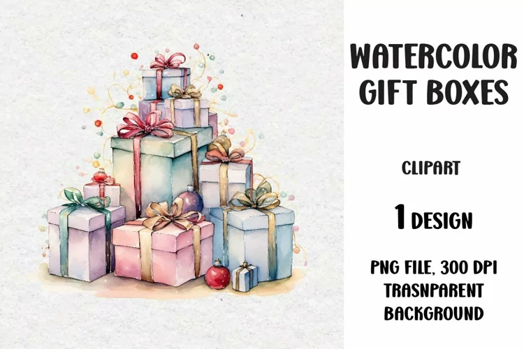 Watercolor Christmas Gifts Clipart, Gifts Boxes, PNG