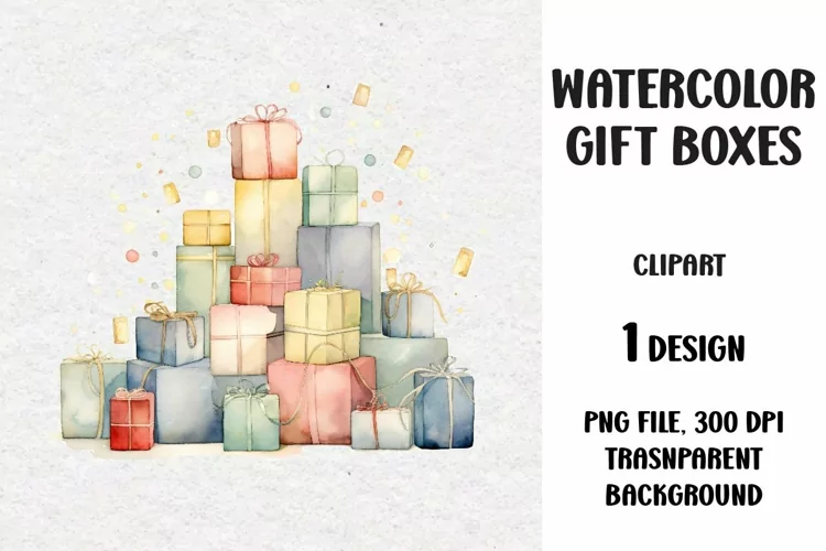 Watercolor Christmas Gifts Clipart, Gifts Boxes, PNG