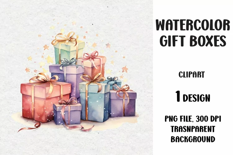 Watercolor Christmas Gifts Clipart, Gifts Boxes, PNG