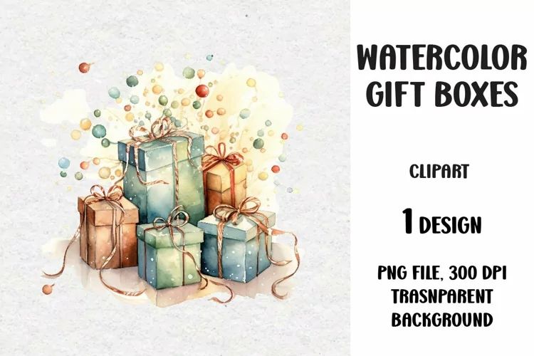 Watercolor Christmas Gifts Clipart, Gifts Boxes, PNG