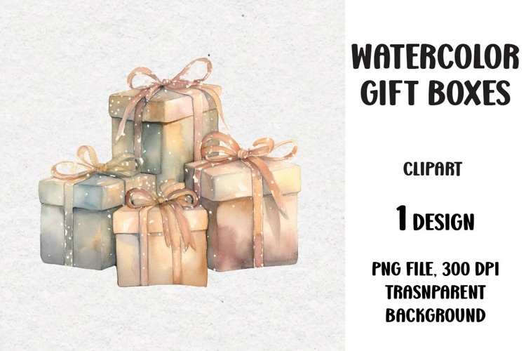 Watercolor Christmas Gifts Clipart, Gifts Boxes, PNG example image 1