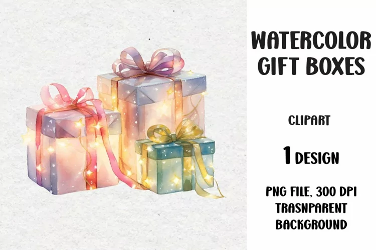 Watercolor Christmas Gifts Clipart, Gifts Boxes, PNG