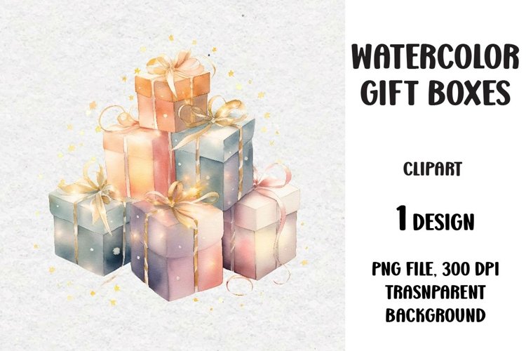 Watercolor Christmas Gifts Clipart, Gifts Boxes, PNG example image 1