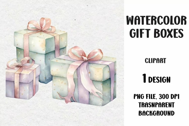 Watercolor Christmas Gifts Clipart, Gifts Boxes, PNG