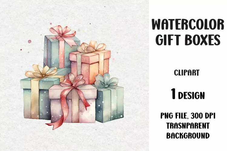 Watercolor Christmas Gifts Clipart, Gifts Boxes, PNG