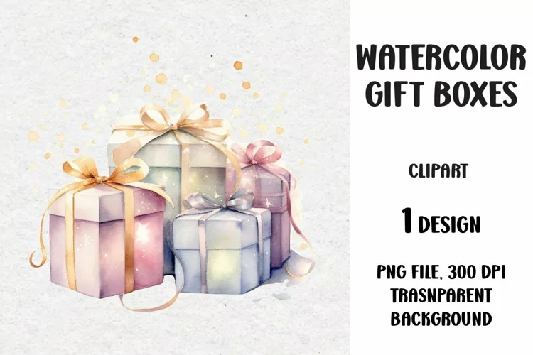 Watercolor Christmas Gifts Clipart, Gifts Boxes, PNG