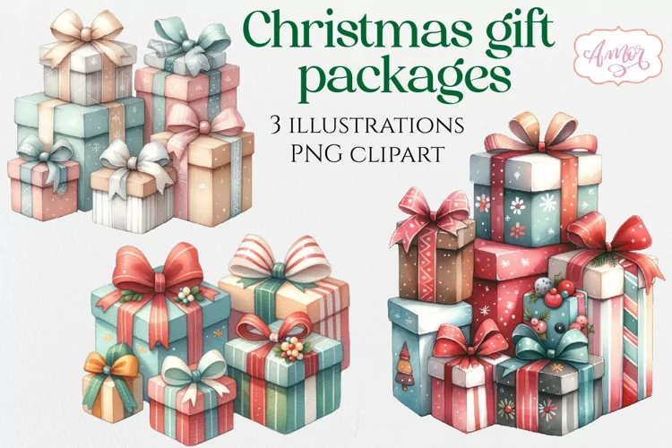 Watercolor christmas gift packages PNG clipart