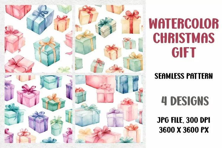Watercolor Christmas Gift, Digital Paper, Seamless Pattern
