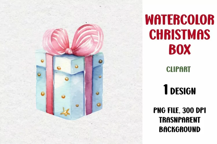 Watercolor Christmas Gift Clipart, Gift Box, PNG
