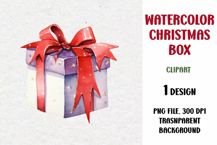 Watercolor Christmas Gift Clipart, Gift Box, PNG