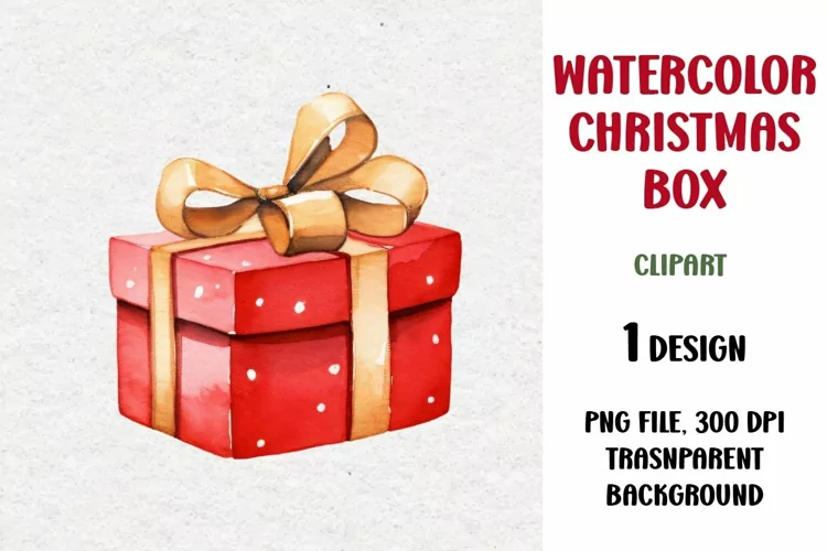 Watercolor Christmas Gift Clipart, Gift Box, PNG