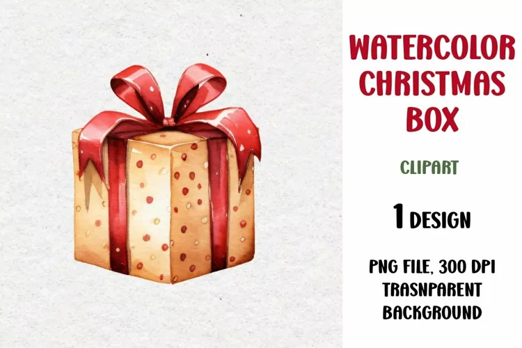 Watercolor Christmas Gift Clipart, Gift Box, PNG