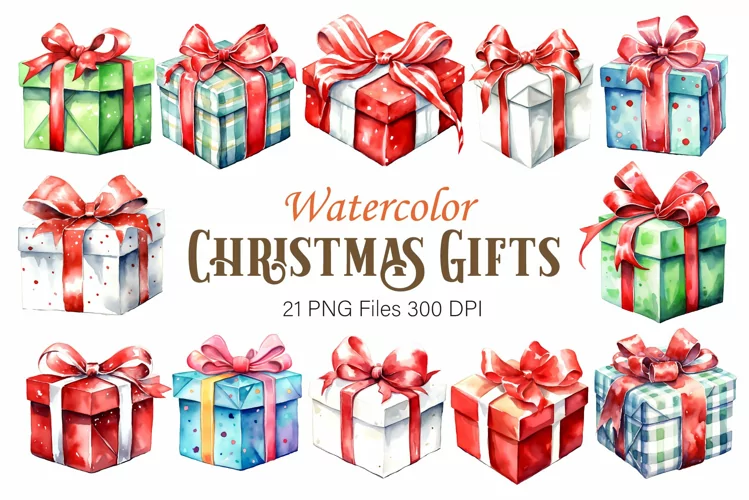 Watercolor Christmas Gifts. Clipart.