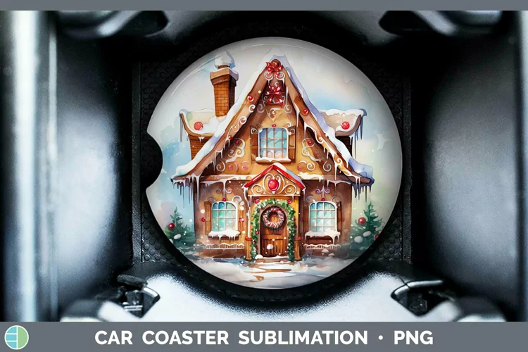 Watercolor Christmas Gingerbread House Car Coaster Sublimati