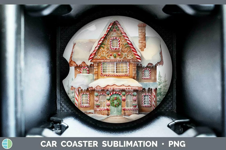 Watercolor Christmas Gingerbread House Car Coaster Sublimati