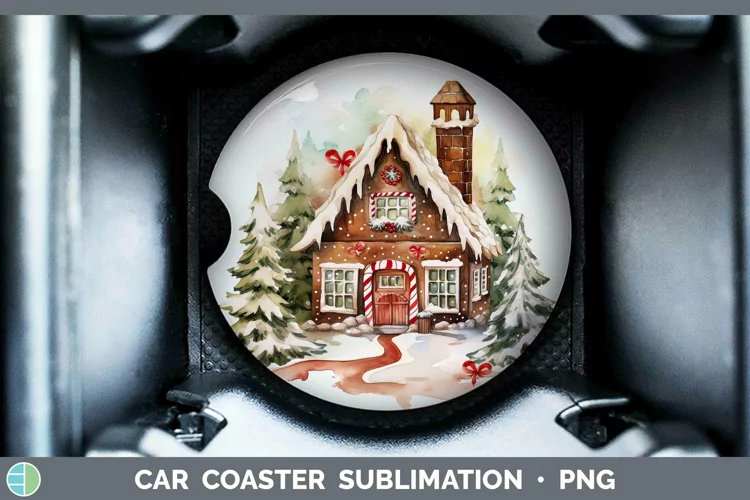 Watercolor Christmas Gingerbread House Car Coaster Sublimati