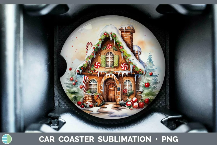Watercolor Christmas Gingerbread House Car Coaster Sublimati