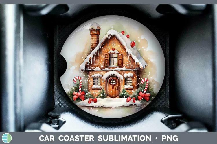 Watercolor Christmas Gingerbread House Car Coaster Sublimati