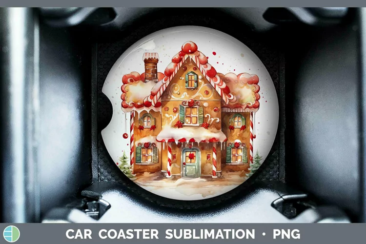 Watercolor Christmas Gingerbread House Car Coaster Sublimati