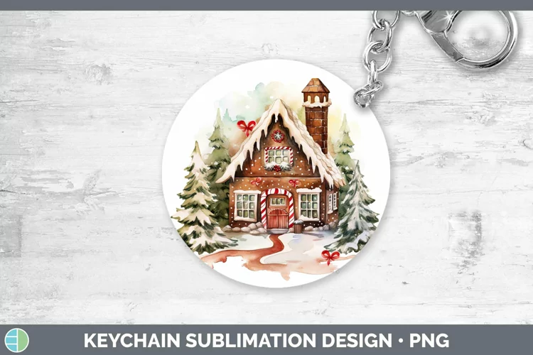 Watercolor Christmas Gingerbread House Keychain Sublimation