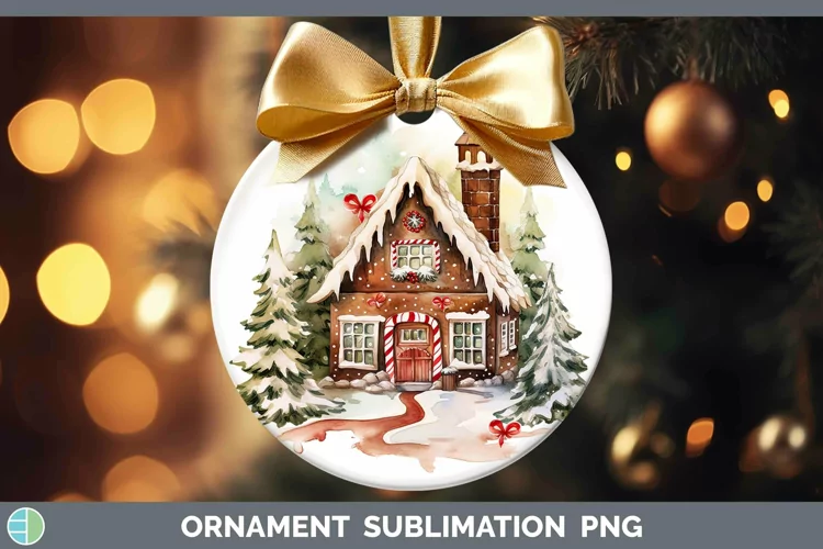 Watercolor Christmas Gingerbread House Ornament Sublimation