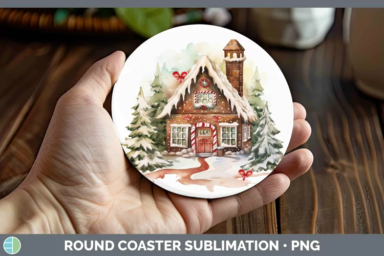 Watercolor Christmas Gingerbread House Round Coaster Sublima
