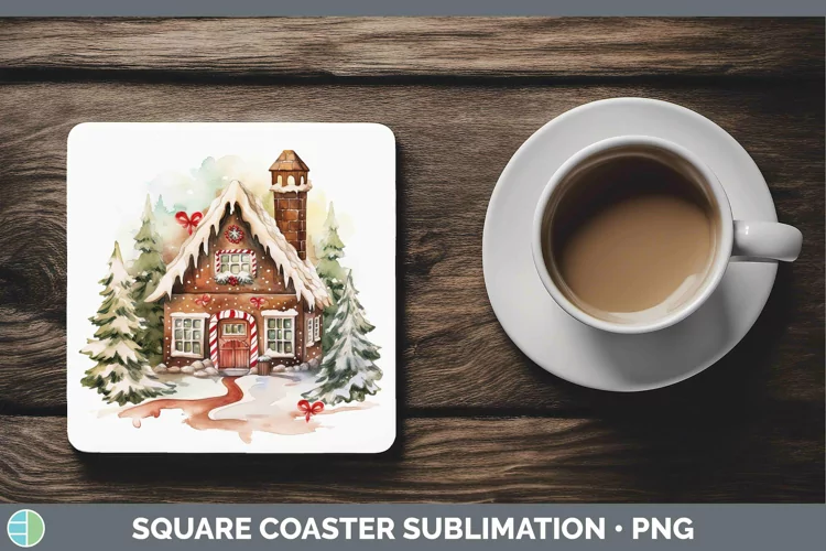Watercolor Christmas Gingerbread House Square Coaster Sublim