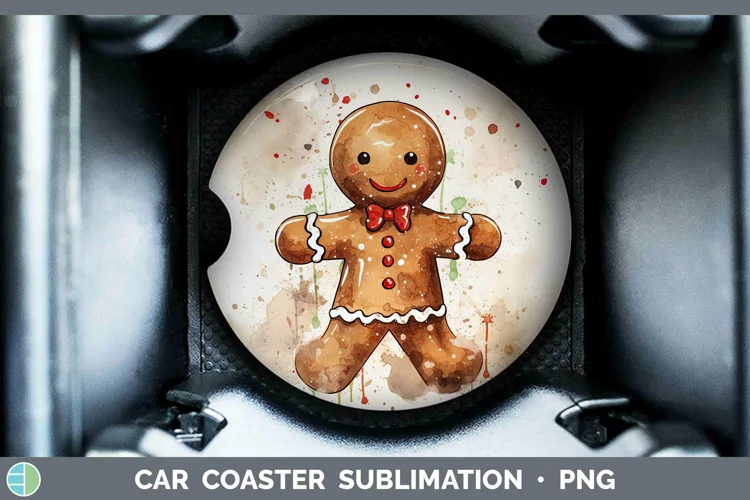 Watercolor Christmas Gingerbread Man Car Coaster Sublimation