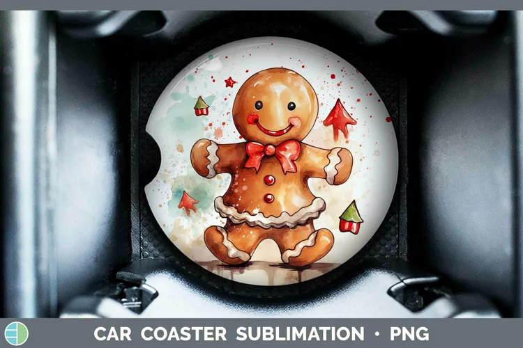 Watercolor Christmas Gingerbread Man Car Coaster Sublimation