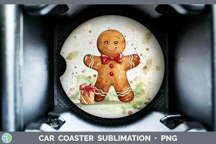 Watercolor Christmas Gingerbread Man Car Coaster Sublimation