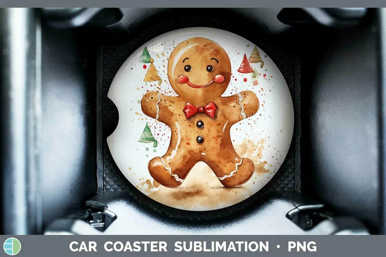 Watercolor Christmas Gingerbread Man Car Coaster Sublimation