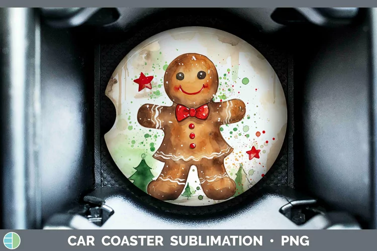 Watercolor Christmas Gingerbread Man Car Coaster Sublimation