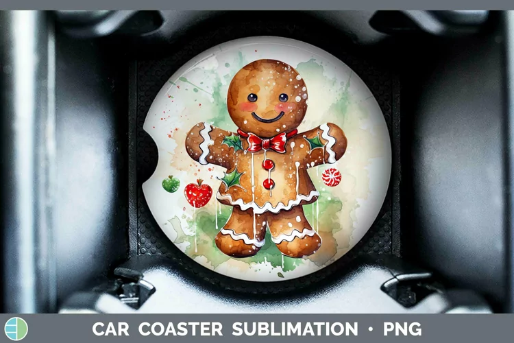 Watercolor Christmas Gingerbread Man Car Coaster Sublimation