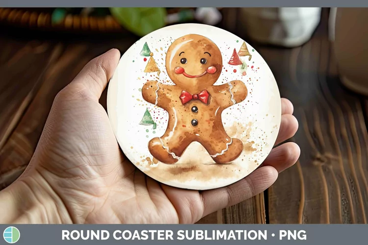 Watercolor Christmas Gingerbread Man Round Coaster Sublimati