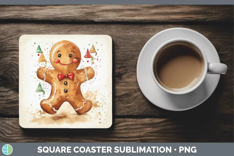 Watercolor Christmas Gingerbread Man Square Coaster Sublimat